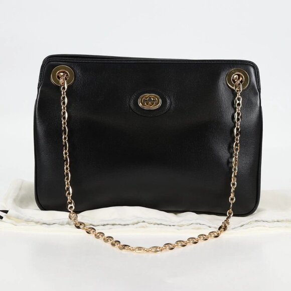 GUCCI Chain Marina Shoulder Bag Leather Black Gold 576422 Auth 133932V - Picture 14 of 16